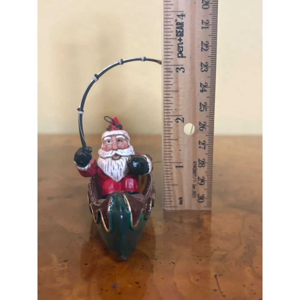 Vintage Santa in Canoe Fishing Figurine Christmas Holiday Decor Rustic Cabin